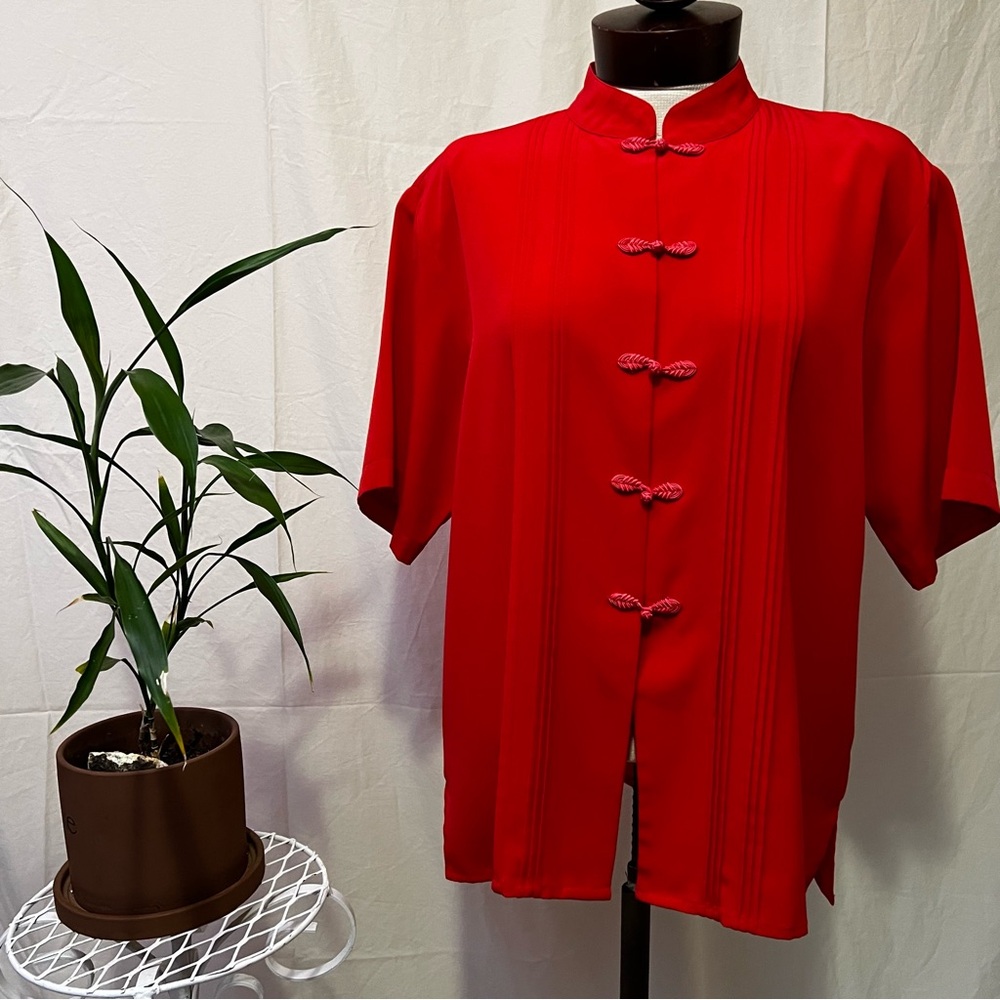 Vintage Red Mandarin Collar Blouse Yves St Clair